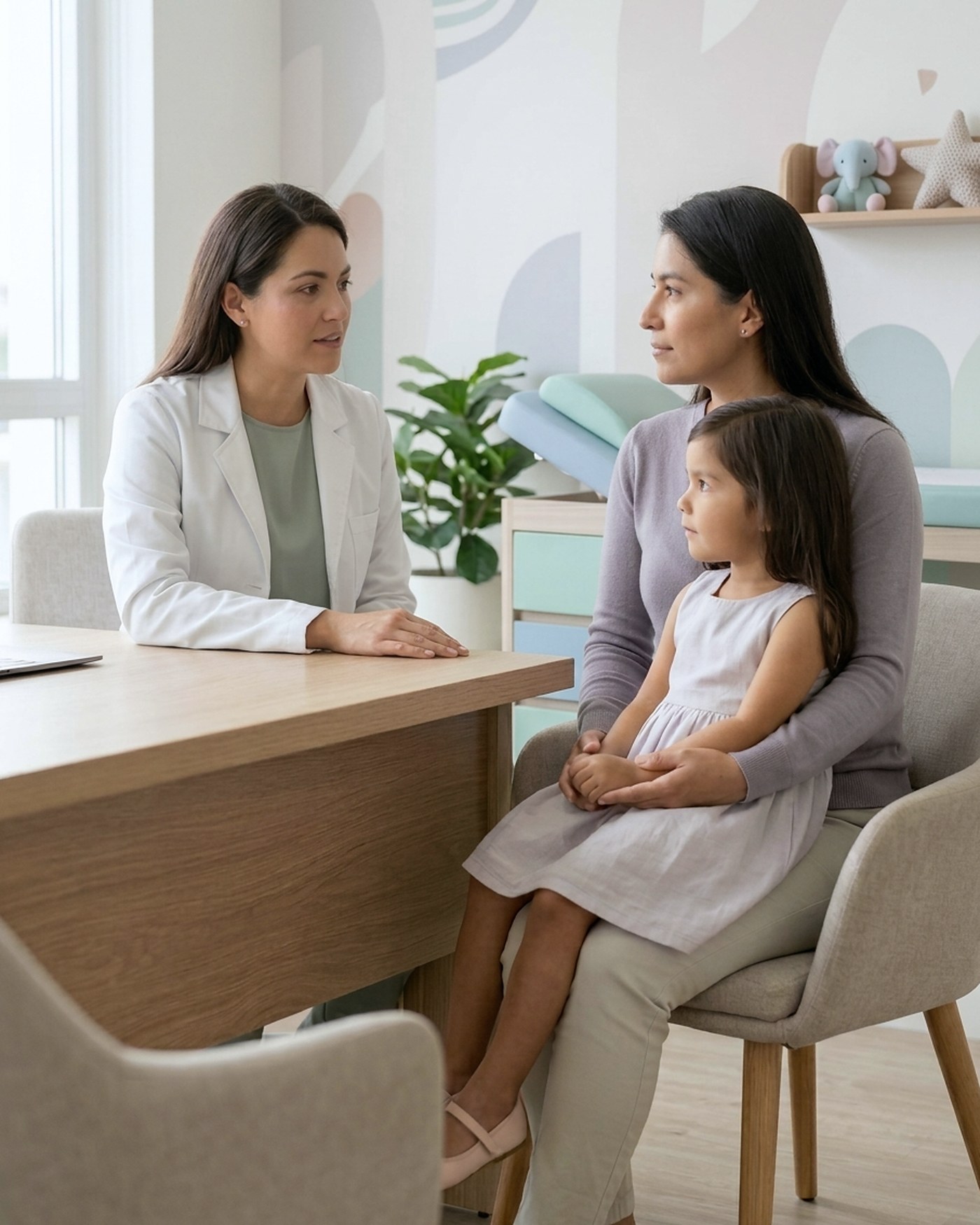 Una madre y su hija en consulta con su pediatra