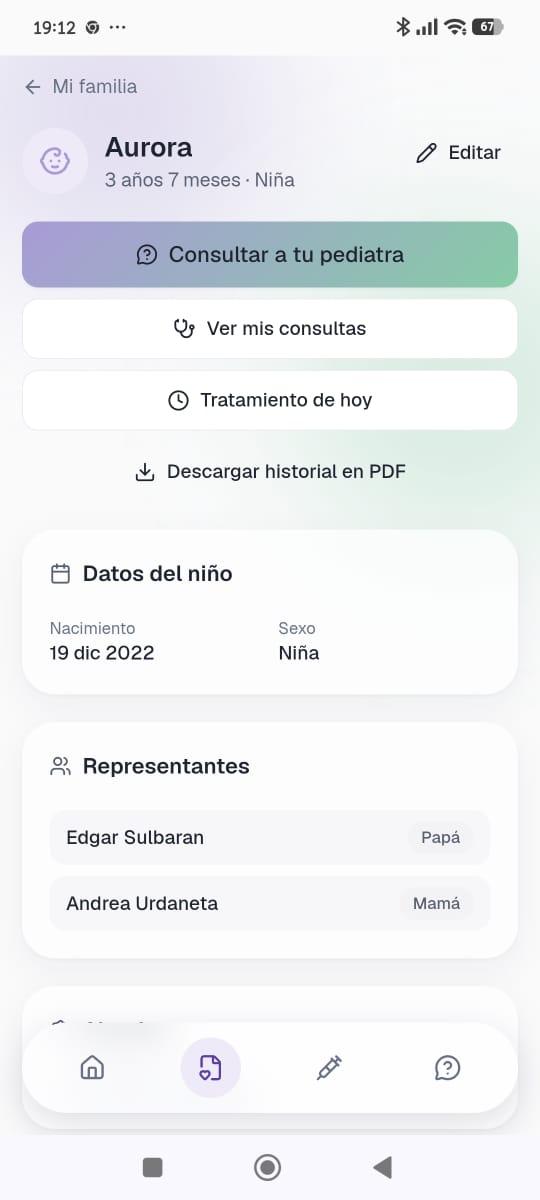 Perfil de paciente en Aura, con botón para consultar al pediatra